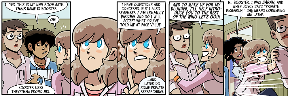 sarah carries around a sign that says 'GOOGLE IT'